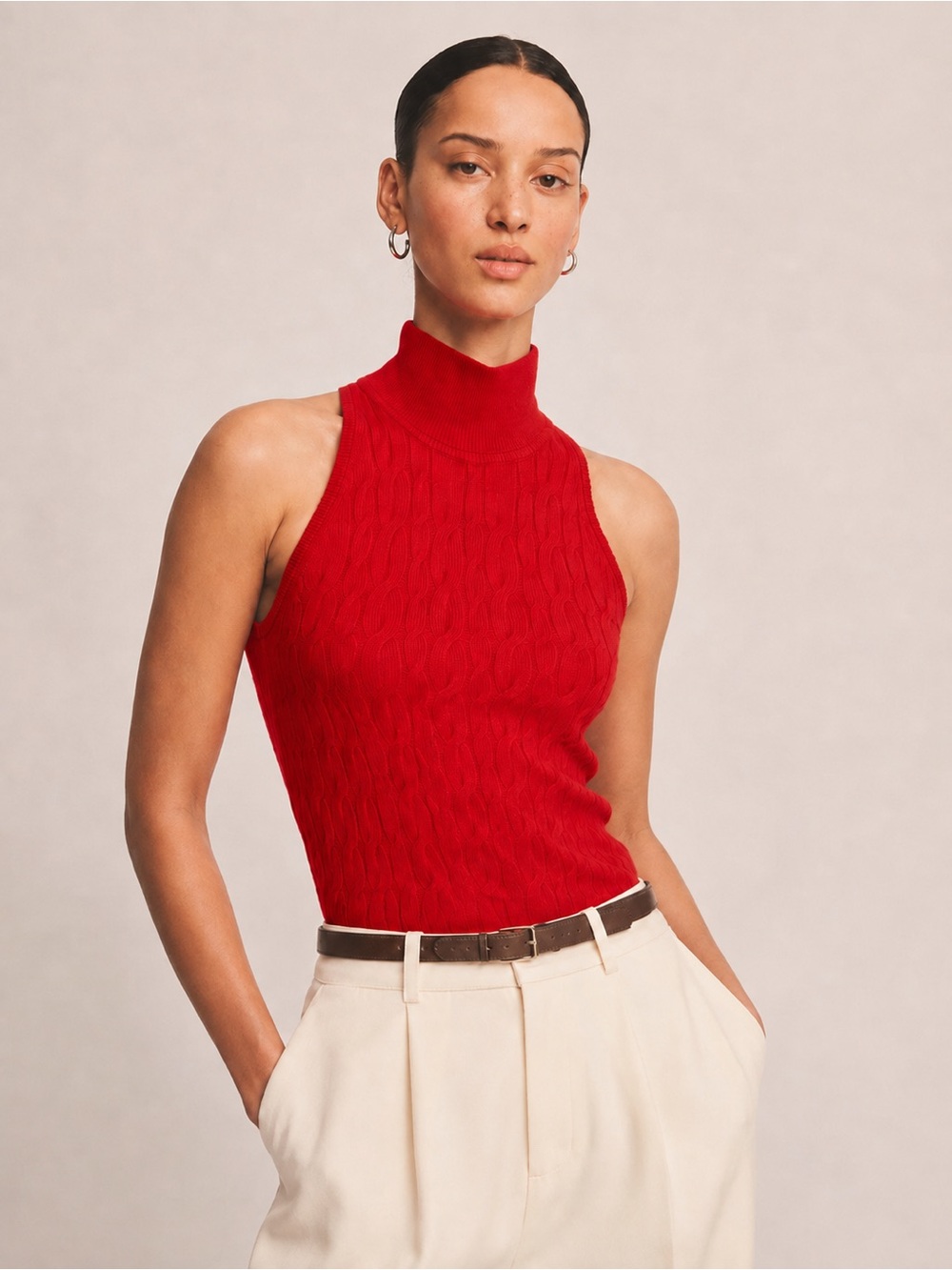 NAADAM Coastal Cashmere Sleeveless Cable Knit Turtleneck Top in Red Size M